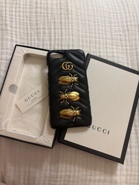 Gucci Black Quilted Leather iPhone 8 Case with Gold Bee and GG Emblem
